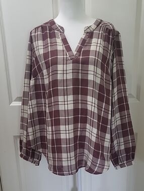 Torrid Harper Plaid Gauze Blouse Burgundy White Size 2 (2X) Flowy Top